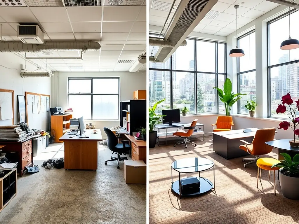 A before-and-after image of a renovated commercial office space showing modern interior improvements, highlighting the transformation and enhanced functionality.