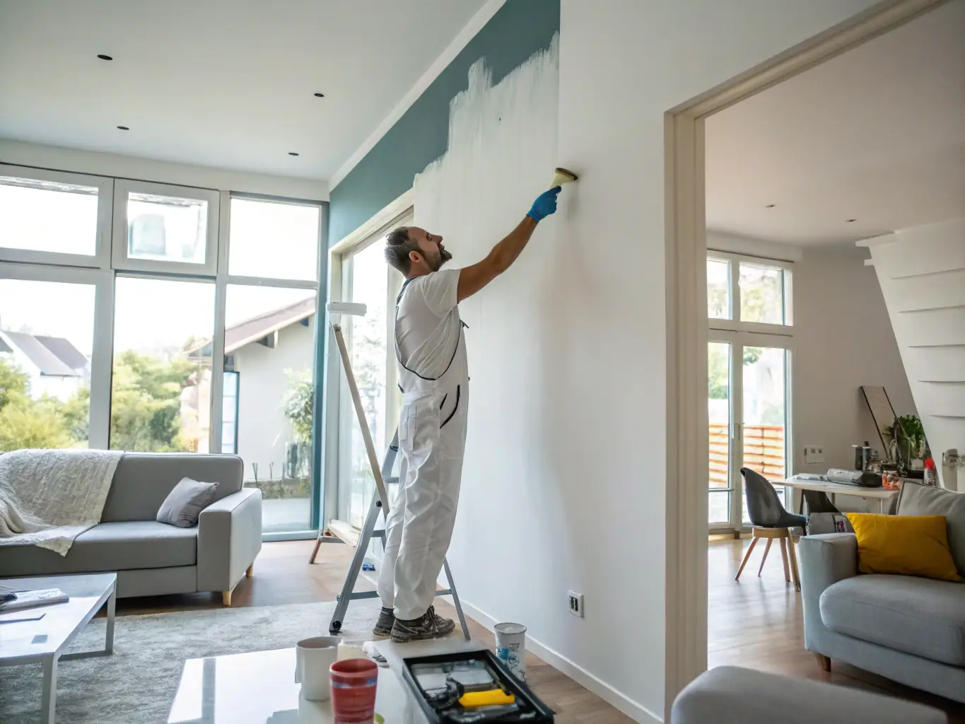 A team of painters applying a fresh coat of paint to the interior walls of a residential property, showcasing attention to detail and quality workmanship.
