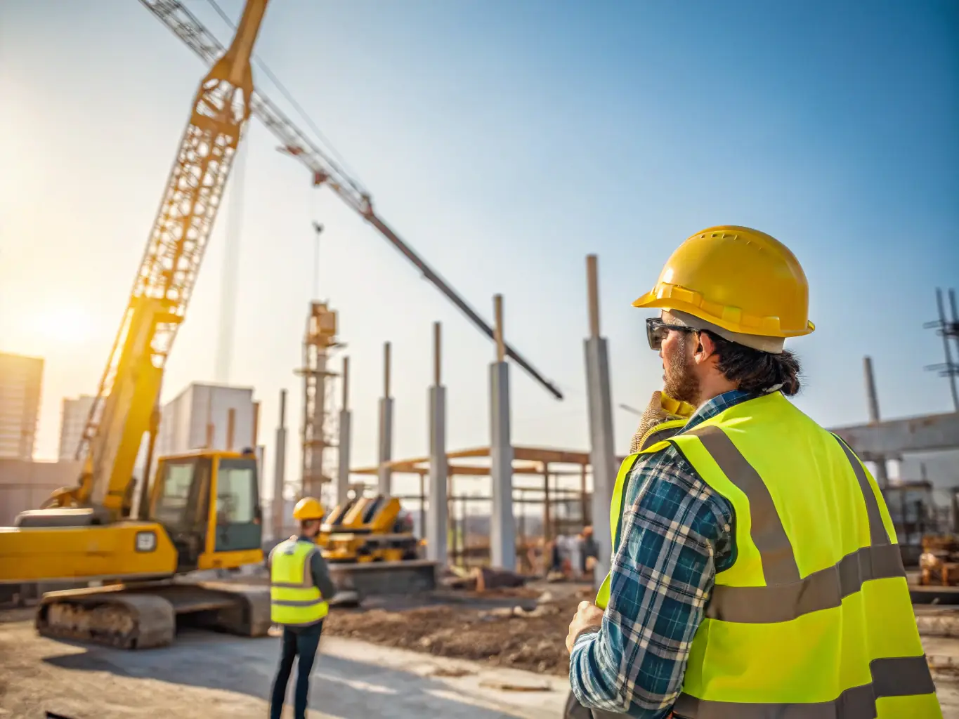 A construction site with workers installing structural beams, showcasing the specialist construction works offered by IANTERA CONST LTD.