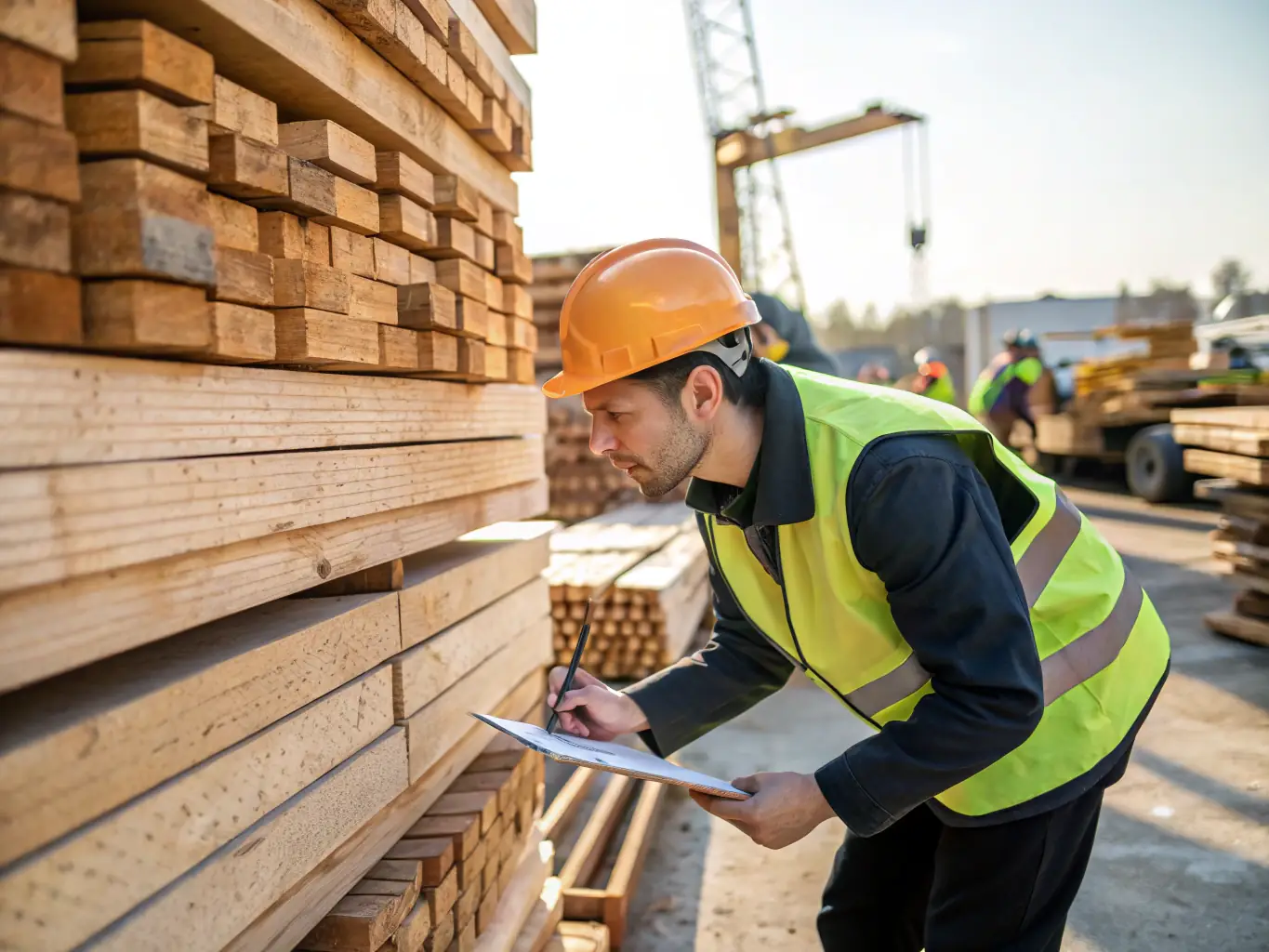 A construction inspector reviewing building standards on a construction site, emphasizing adherence to UK building standards.