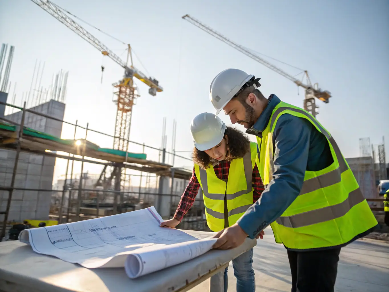 A construction site with workers reviewing blueprints, emphasizing the importance of defined contracts in project management.
