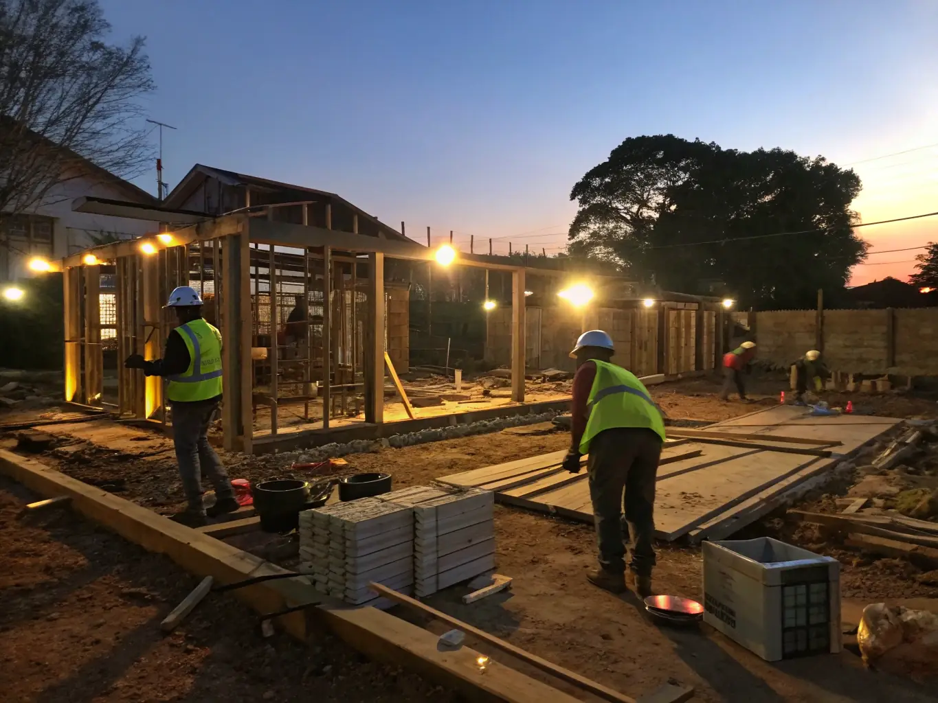 A team of construction professionals working on a structural modification project at a residential site, ensuring precision and adherence to safety standards.