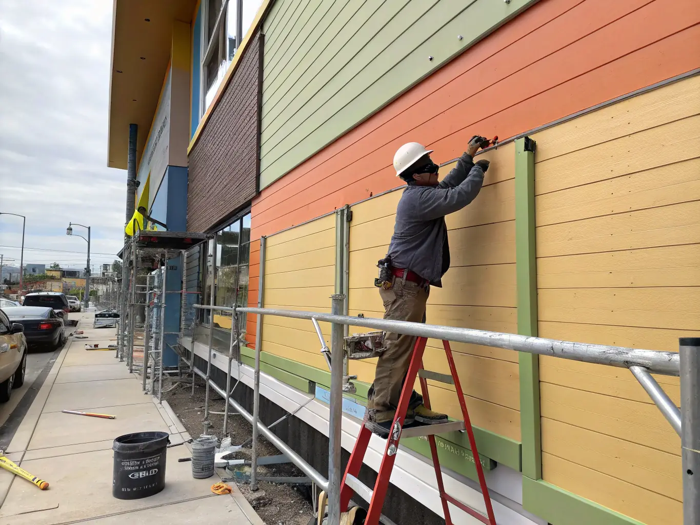 A construction team applying exterior cladding to a commercial building, showcasing quality craftsmanship and attention to detail.