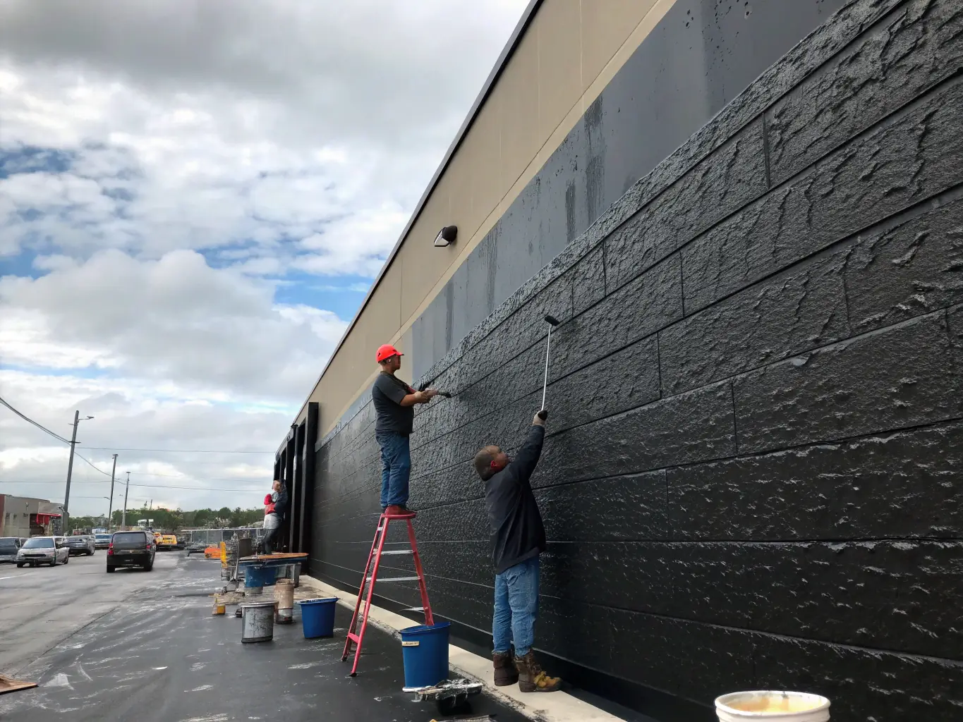 A construction site showing exterior improvement works, including cladding and painting, performed by IANTERA CONST LTD.